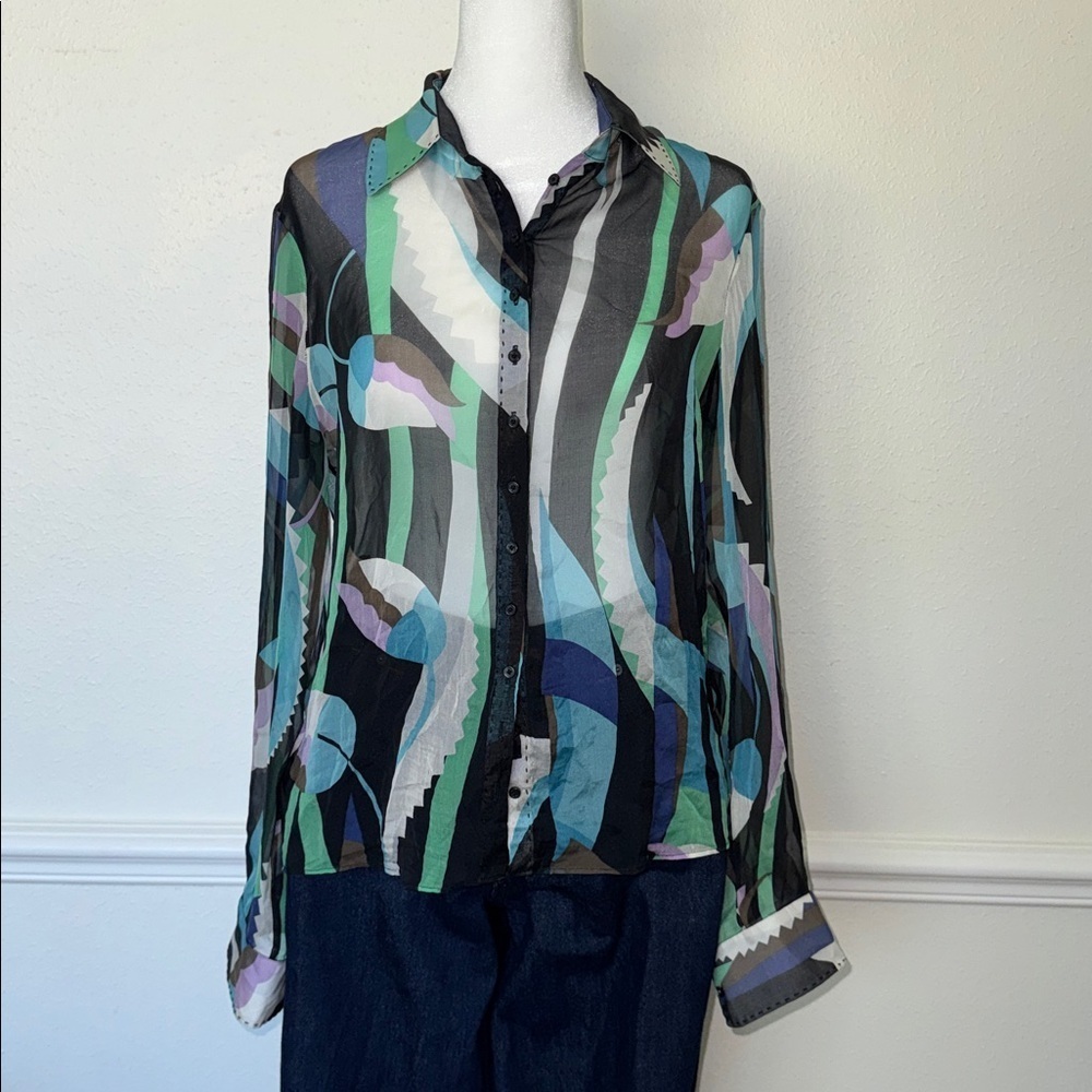 Elie Tahari Multicolor Abstract Sheer Button Down Blouse